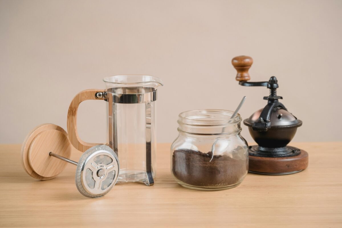 Coffee Grinder, Jar with Coffee and Glass