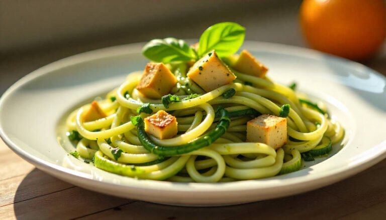 Zucchini Noodles with Pesto & Tofu