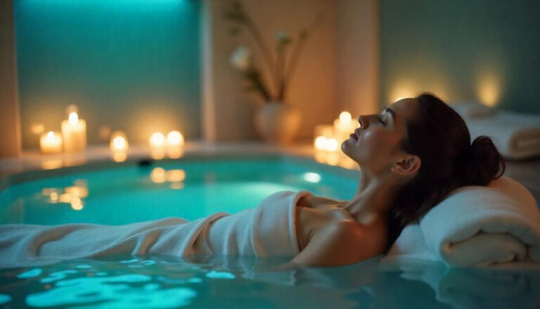 A woman relaxing in a luxury spa in Washington DC with candles, soft lighting, and a peaceful atmosphere — wellness guide.