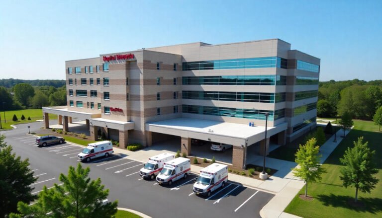 Aerial view of a modern hospital building in Pennsylvania with ambulances parked outside and clear blue skies in the background.