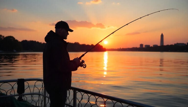 Angler fishing at sunrise on the Potomac River in Washington DC with city skyline in the background.
