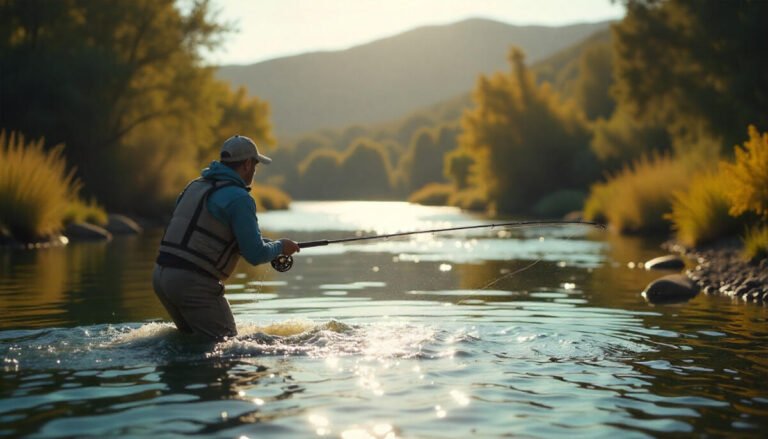 Fishing rod over calm California river, one of the best spots for anglers .