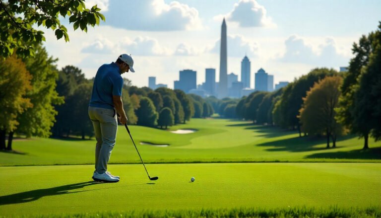 Golfer teeing off at a scenic public golf course in Washington DC with city skyline in the background.