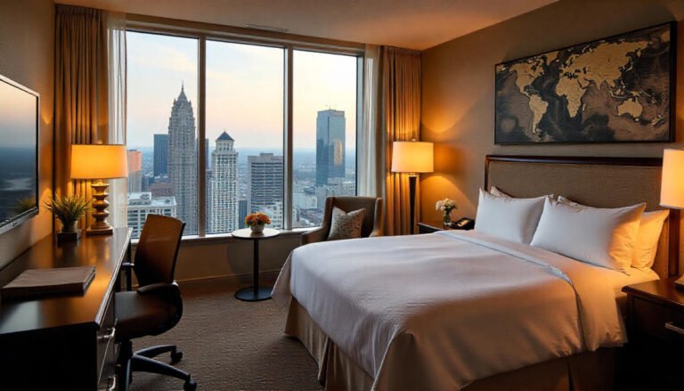 Luxury and budget hotels in Pennsylvania — scenic city skyline with elegant hotel exteriors and cozy accommodations.