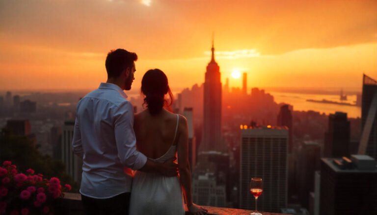 Romantic couple enjoying a sunset view over New York City skyline during their honeymoon.