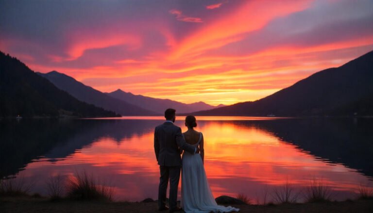 Romantic couple watching a colorful sunset by a serene California lake surrounded by mountains and calm reflections.