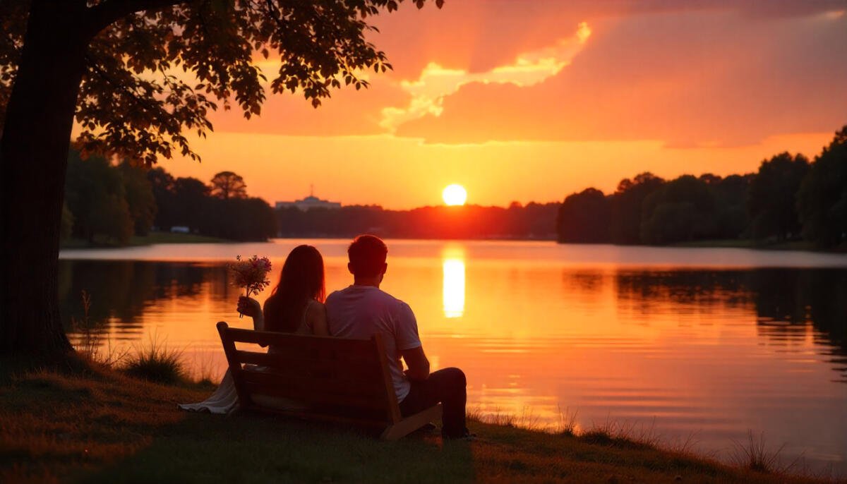 Romantic lakeside sunset in Washington DC with couples enjoying golden hour views