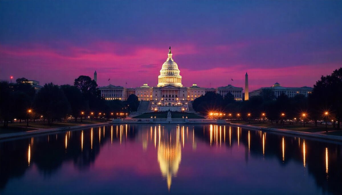 Romantic night view of Washington DC skyline with the U.S. Capitol and monuments — Best Honeymoon Destinations 2025