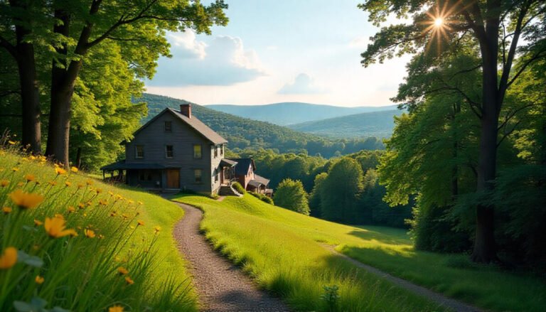 Scenic view of Pennsylvania featuring rolling hills, historic town streets, and nature trails under a bright summer sky.