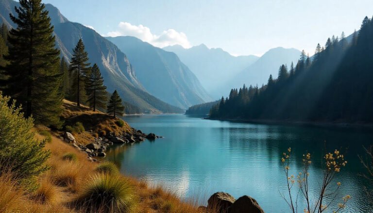 Scenic view of a California state park with mountains, trees, and a lake — perfect spot for weekend getaways