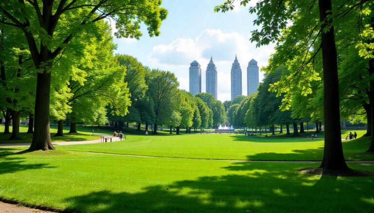 Scenic view of a public park in Washington, D.C. with green trees, walking paths, and open spaces