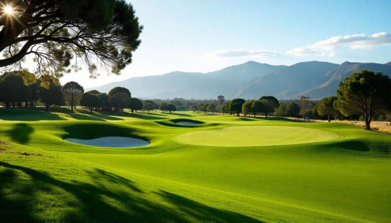 Scenic view of one of the top 15 best public golf courses in California with green fairways and mountains in the background.