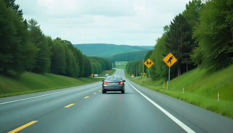 A car traveling on a Pennsylvania road, showing traffic signs, clear lanes, and a scenic countryside view.