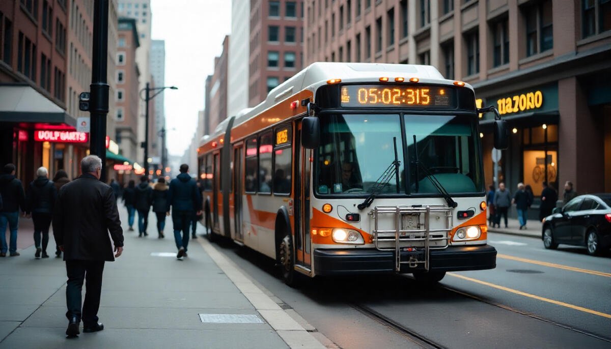 A city bus and light rail in downtown Ohio with passengers boarding, representing public transportation options.