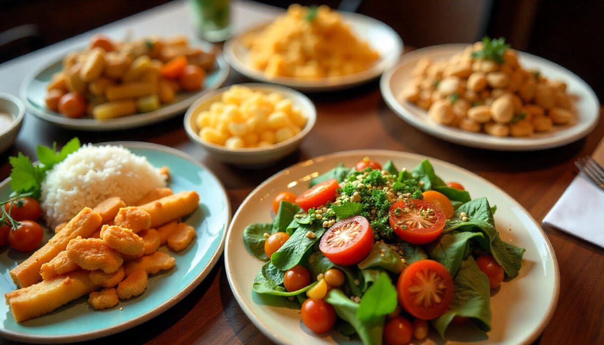 A colorful assortment of vegetarian and vegan dishes served at a Pennsylvania restaurant, showcasing fresh plant based meals.