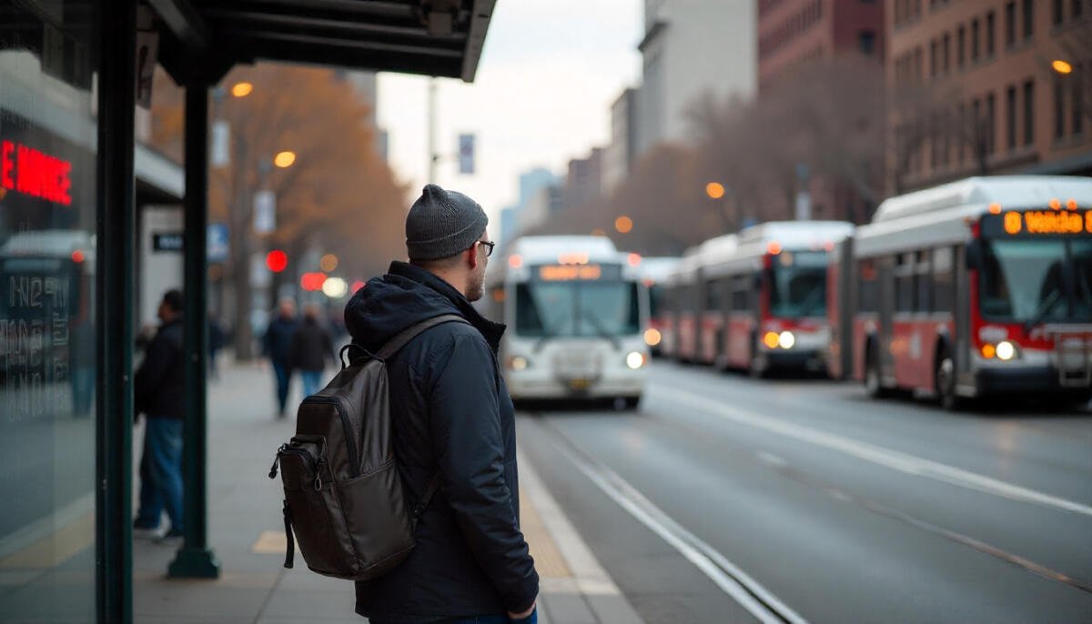 A commuter waiting at a Pennsylvania bus stop with city buses and trains in the background, representing public transport.