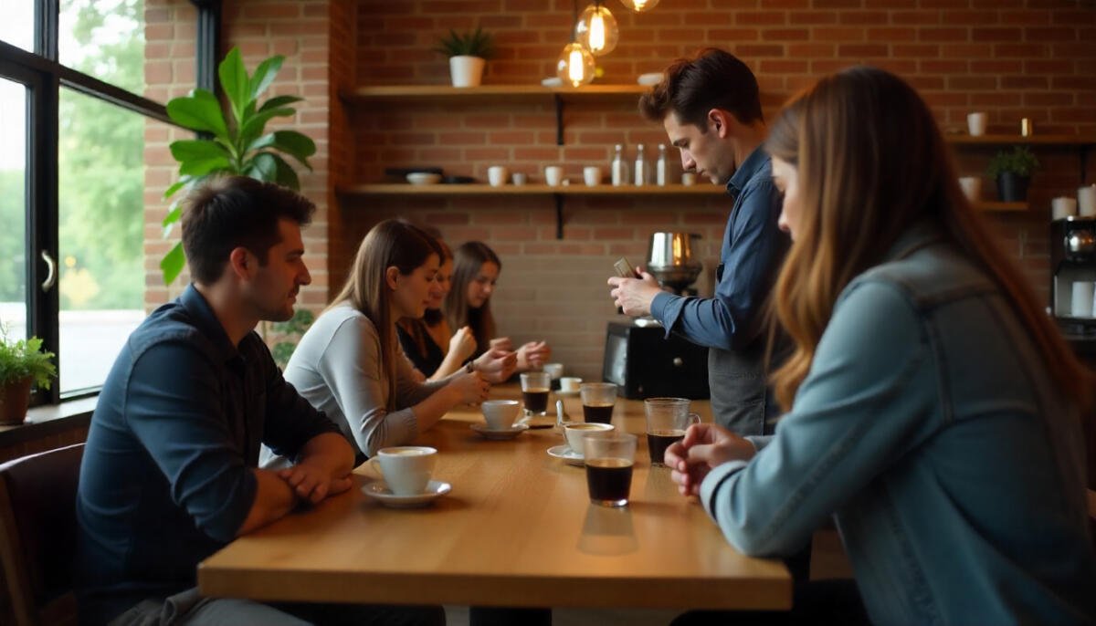 A cozy Georgia coffee shop interior with warm lighting, barista preparing espresso, and customers enjoying fresh coffee.
