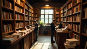 A cozy Ohio bookstore with shelves full of books, warm lighting, and readers browsing their favorite titles.