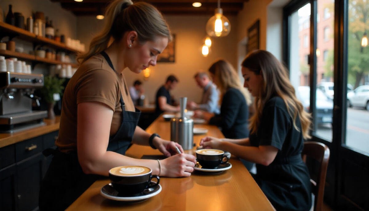 A cozy Ohio coffee shop with baristas preparing espresso, latte art on tables, and locals enjoying coffee in a warm, inviting atmosphere.