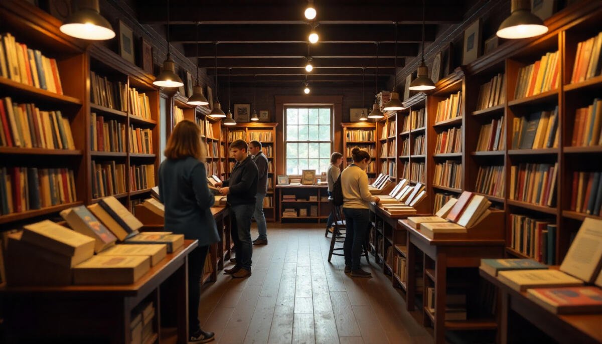 A cozy Pennsylvania bookstore with wooden shelves, warm lighting, and readers browsing through books.