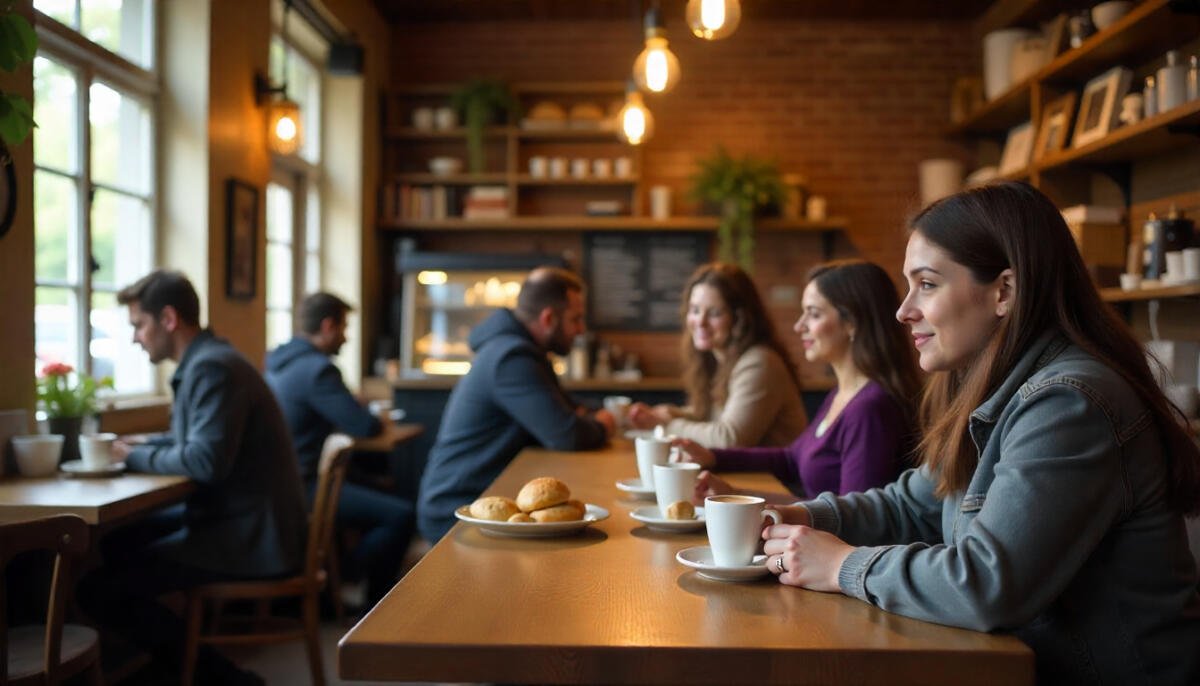A cozy coffee shop in Pennsylvania with people enjoying freshly brewed coffee and pastries in a warm, inviting atmosphere.