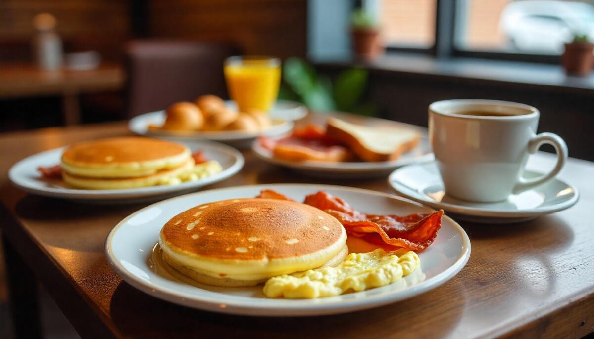 A delicious breakfast spread at a cozy Pennsylvania café featuring pancakes, eggs, bacon, and fresh coffee served on a rustic wooden table.