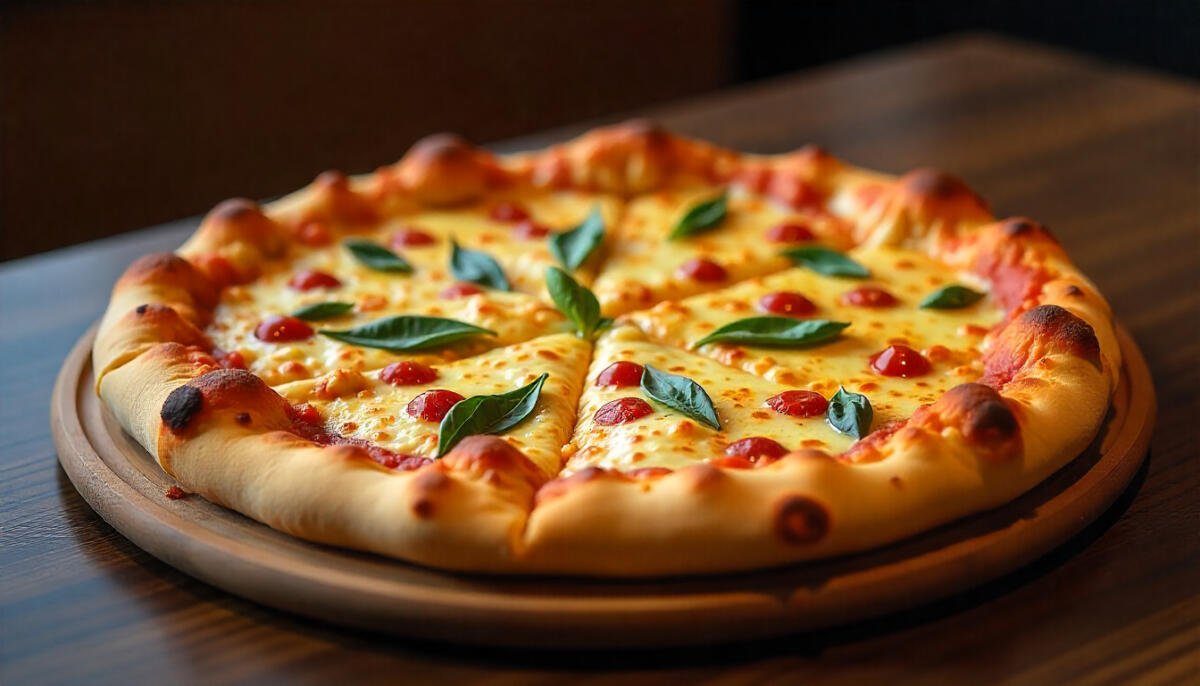 A delicious cheese pizza with fresh toppings served on a wooden table at a popular Pennsylvania pizzeria.