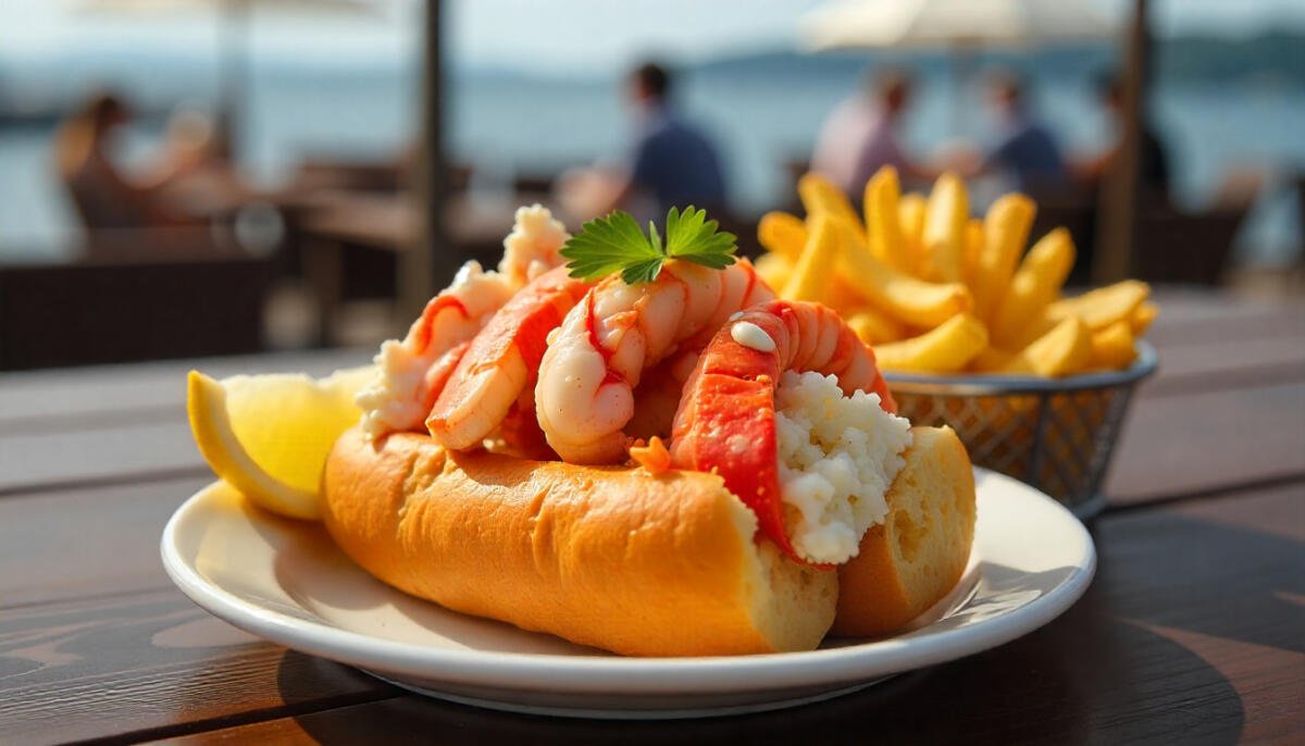 A freshly made lobster roll served with lemon wedges and fries at a seaside style restaurant in Pennsylvania.