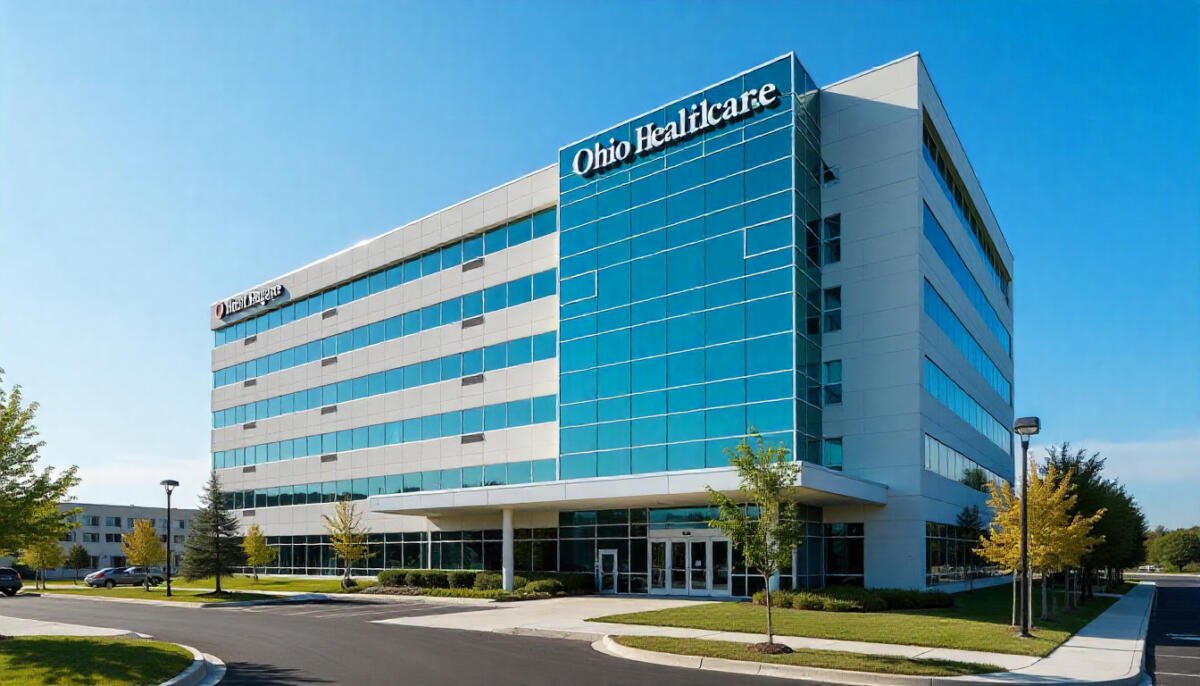 A modern Ohio hospital building with clear blue skies, symbolizing top healthcare facilities for locals and tourists.