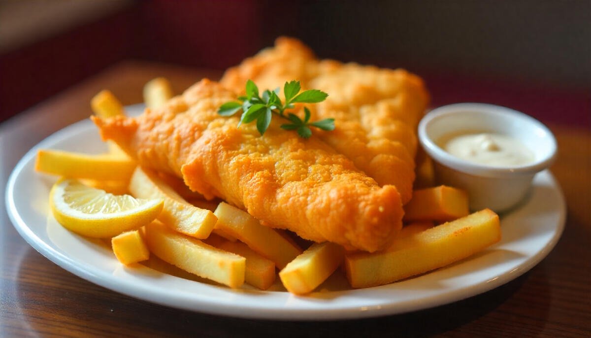 A plate of golden, crispy fish and chips served with lemon slices and tartar sauce at a popular Pennsylvania restaurant.