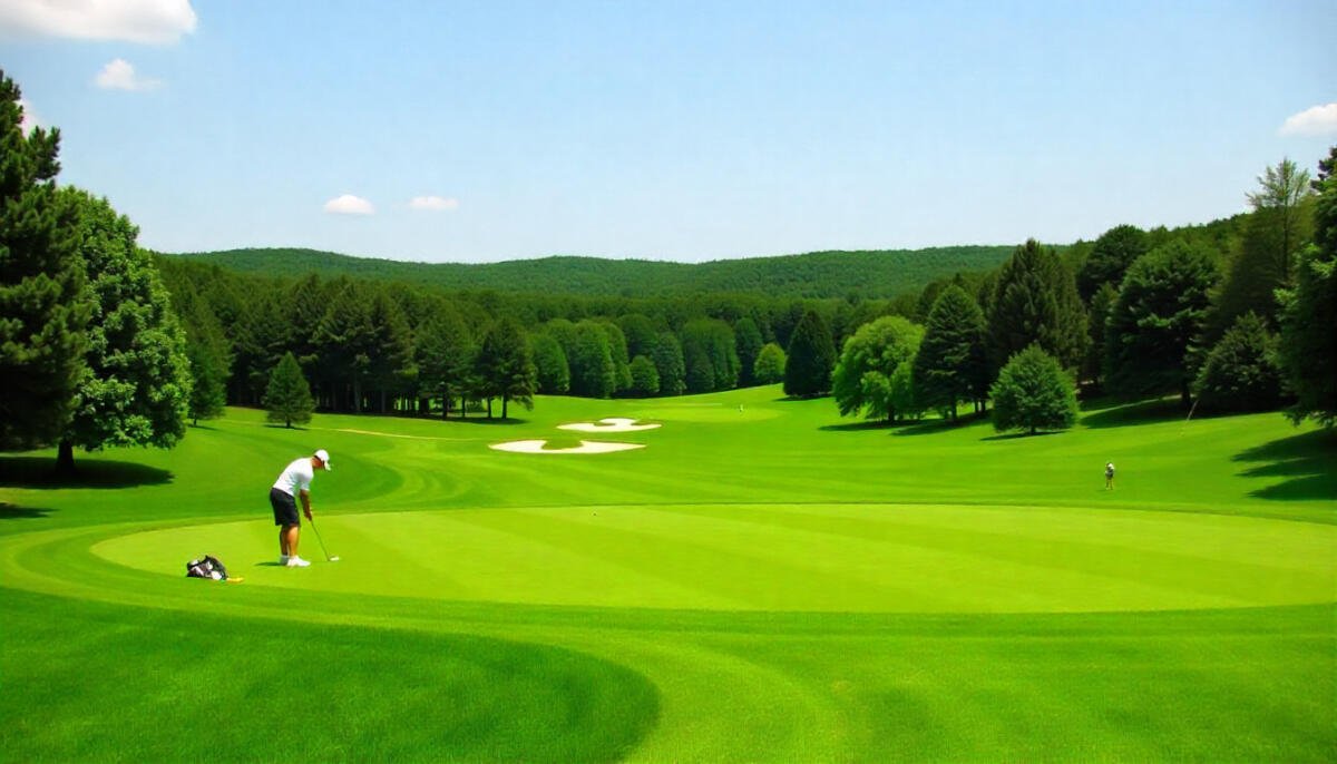 A scenic Pennsylvania public golf course with lush green fairways, sand bunkers, and a golfer teeing off under a clear sky.