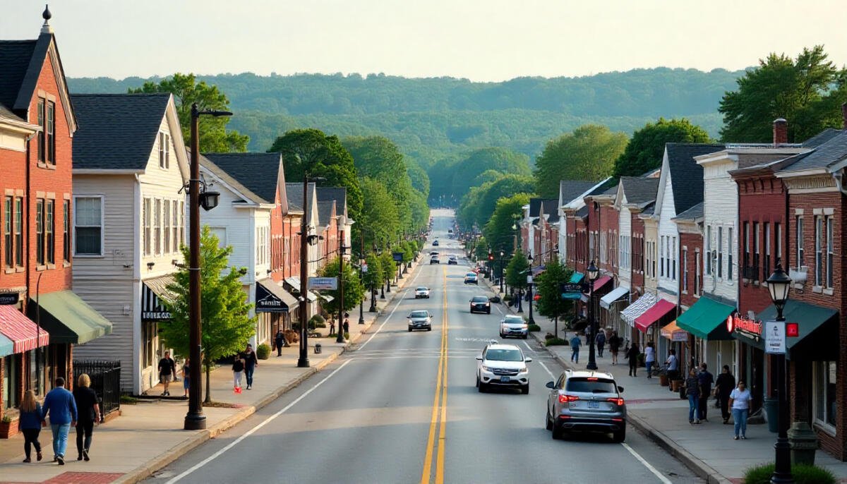 A scenic view of Pennsylvania city streets with homes, public transport, and people showcasing the cost of living