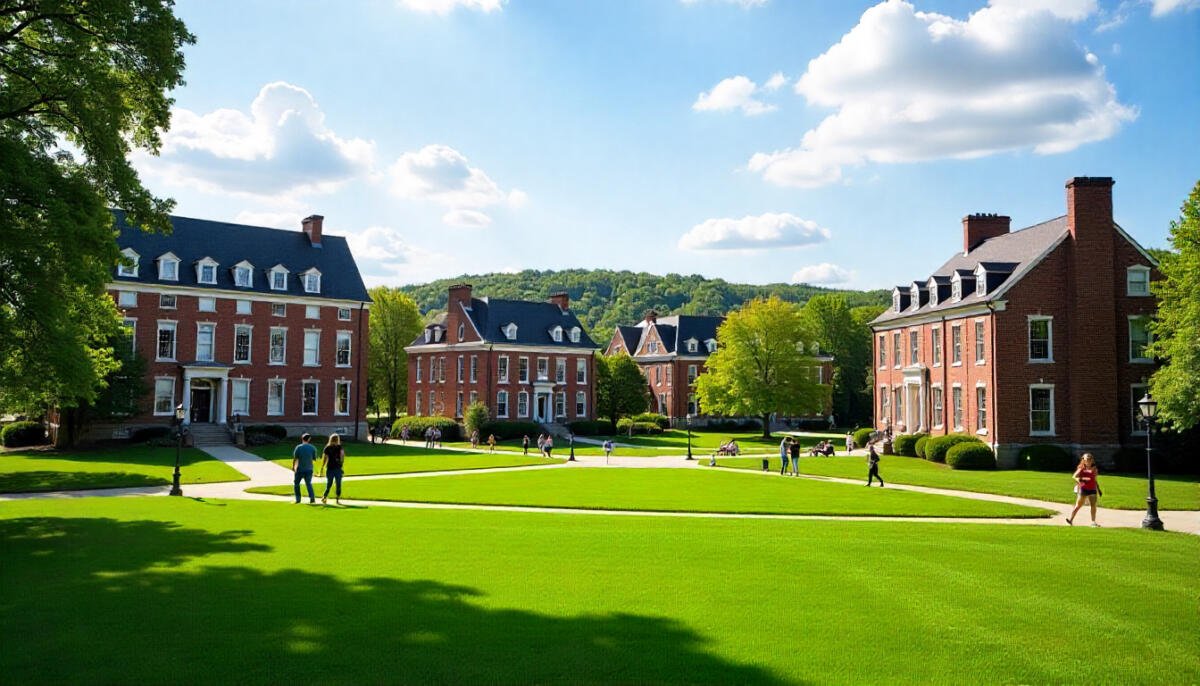 A scenic view of a Pennsylvania university campus with historic buildings, green lawns, and students walking under bright skies.