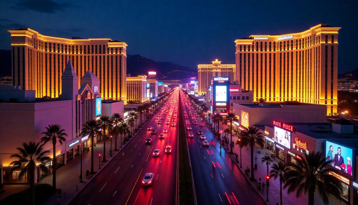 A stunning view of the Las Vegas Strip at night, showcasing bright lights, famous hotels, and lively crowds.