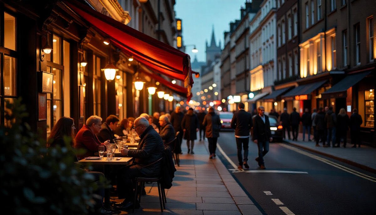 A stylish restaurant street view in London with diners enjoying food and London skyline in the background – food guide