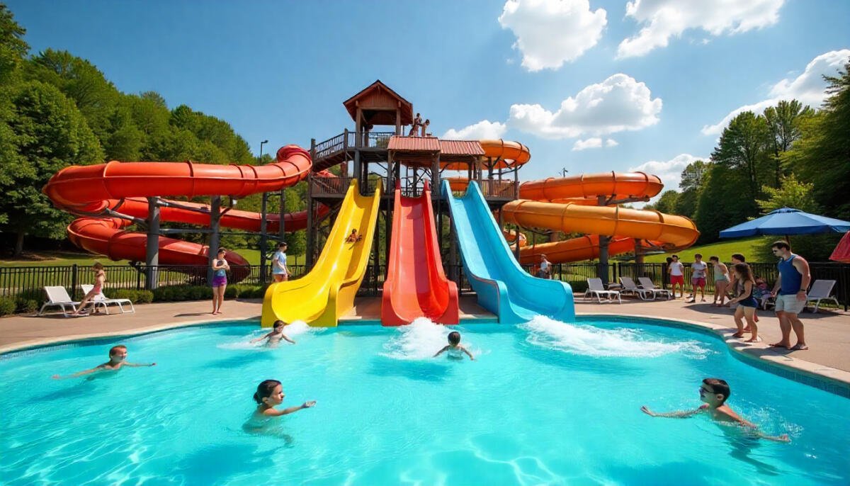 A vibrant Pennsylvania water park in summer with colorful water slides, a wave pool, and families enjoying sunny fun.