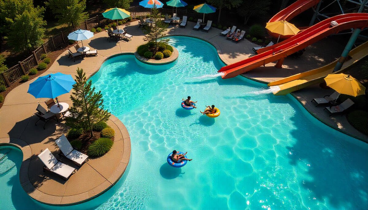 Aerial view of an Ohio water park with winding water slides, wave pool, and families enjoying summer thrill rides.