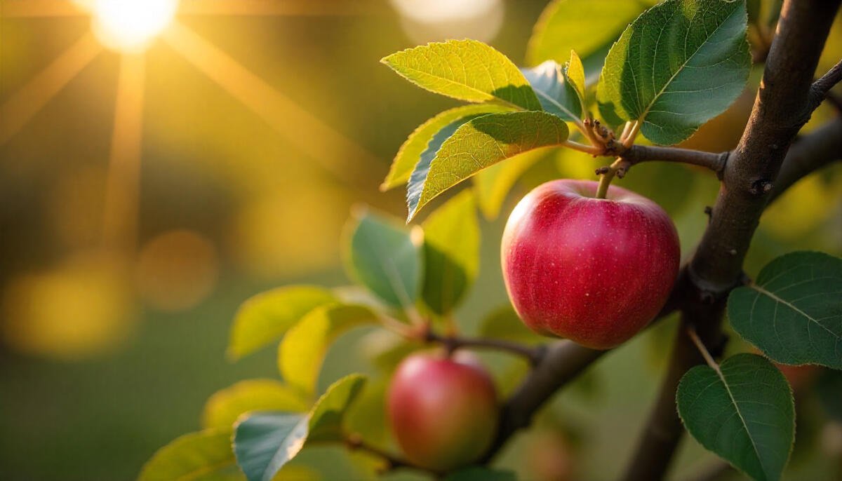 Apple orchard in Georgia with ripe apples on trees during the harvest season.
