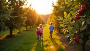 Apple orchard in Ohio with ripe apples on trees and families picking fruit during the fall season.
