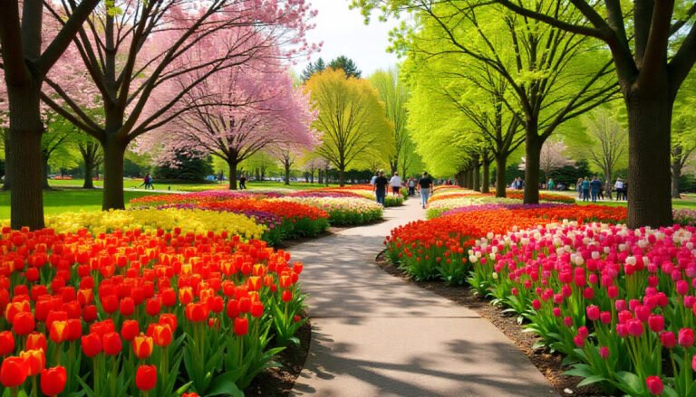Colorful spring garden in Pennsylvania with blooming tulips, walking paths, and visitors enjoying the scenic landscape.
