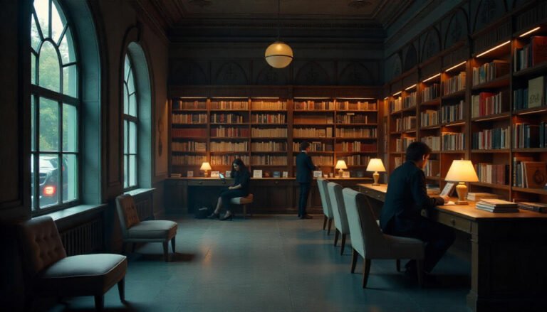 Cozy Georgia bookstore with shelves of books, warm lighting, and readers browsing.