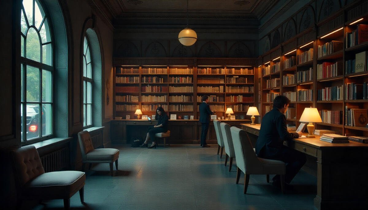 Cozy Georgia bookstore with shelves of books, warm lighting, and readers browsing.