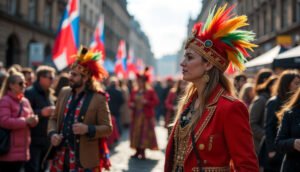 Crowd enjoying the Edinburgh Festival Fringe with street performers and colorful decorations