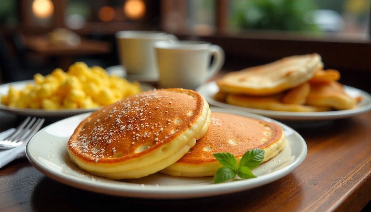 Delicious breakfast spread at an Ohio café with pancakes, eggs, and fresh coffee.