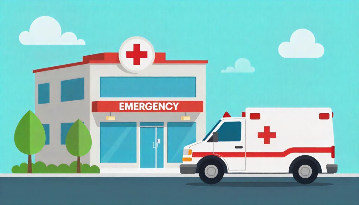 Emergency helpline concept with hospital building and ambulance in Ohio, symbolizing quick medical response and safety assistance