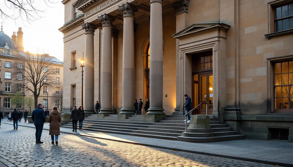 Exterior view of the National Museum of Scotland in Edinburgh with visitors entering the historic building.