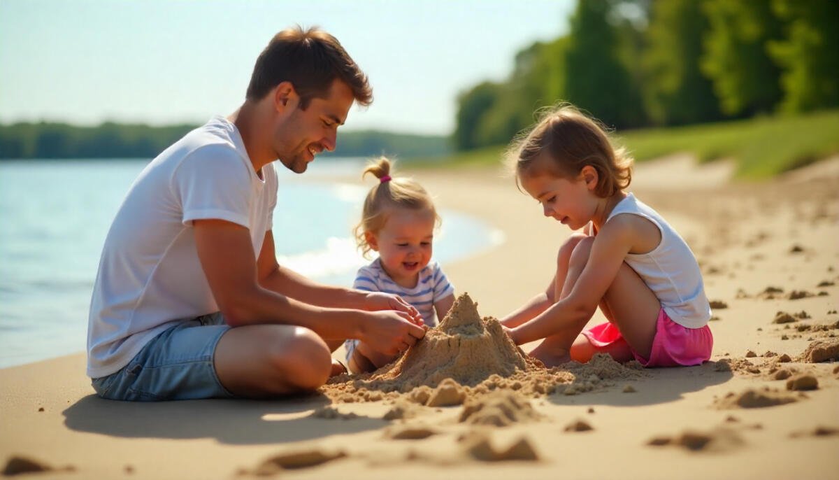 Family enjoying a sunny day at a sandy lakeside beach in Ohio with clear water and scenic shoreline in the background.