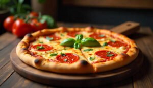 Freshly baked Ohio style pizza with melted cheese, pepperoni, and herbs on a wooden table inside a cozy