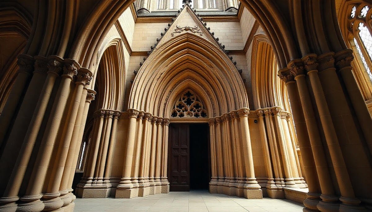 Front view of York Minster Cathedral showcasing its Gothic architecture, intricate stonework, and towering spires.