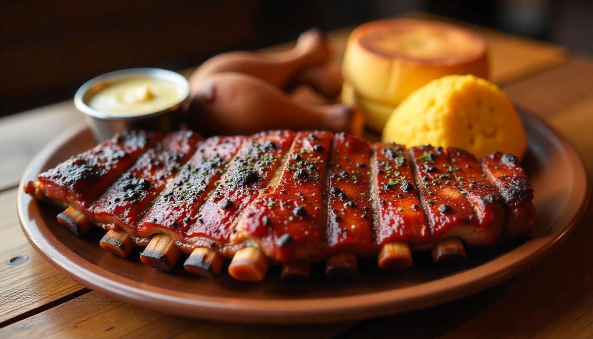 Grilled barbecue platter with ribs, chicken, and cornbread on a wooden table at a popular Pennsylvania BBQ spot.